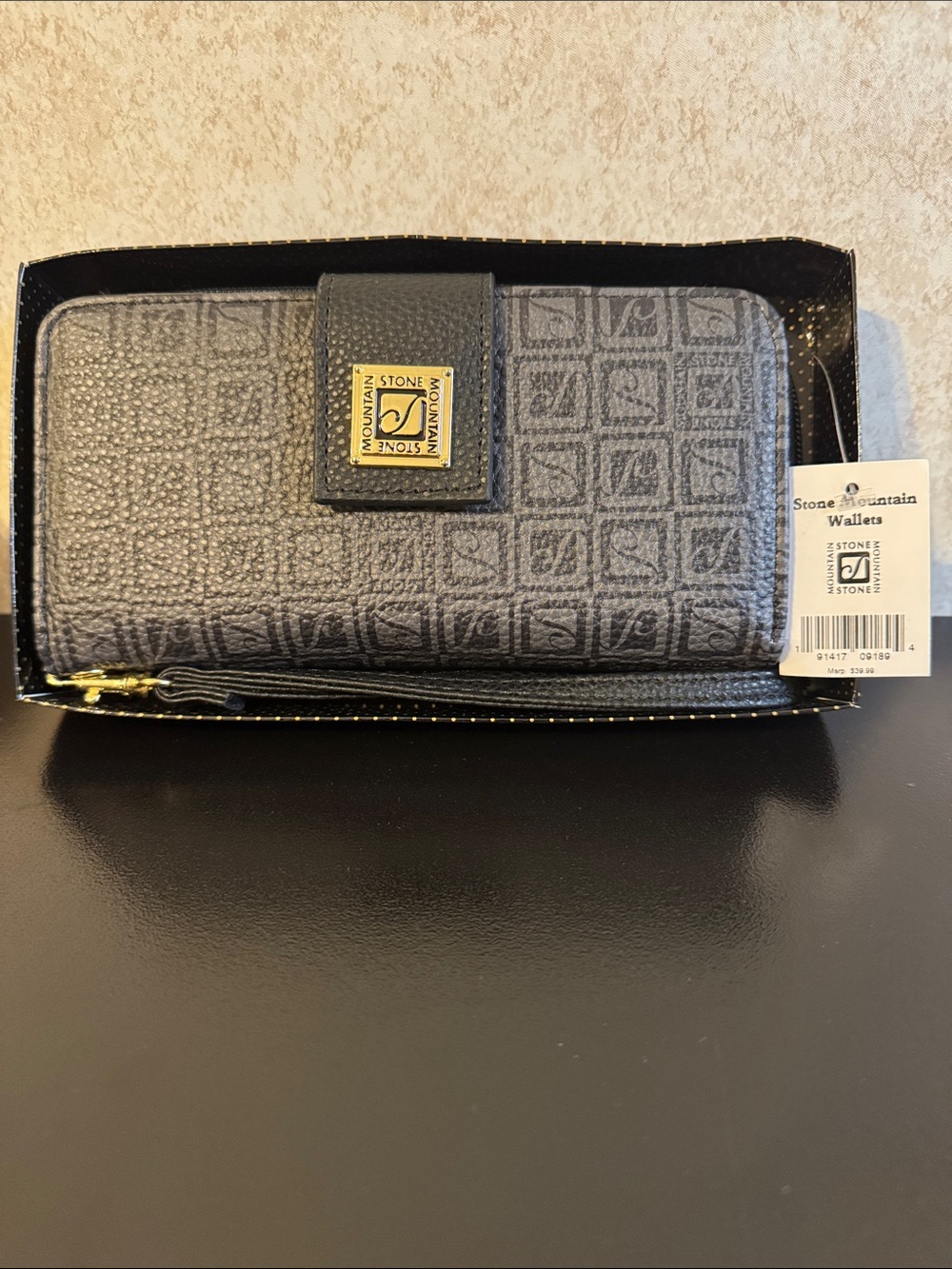 Stone Mountain Accessories Black Embossed Zip Wallet with Gold Logo